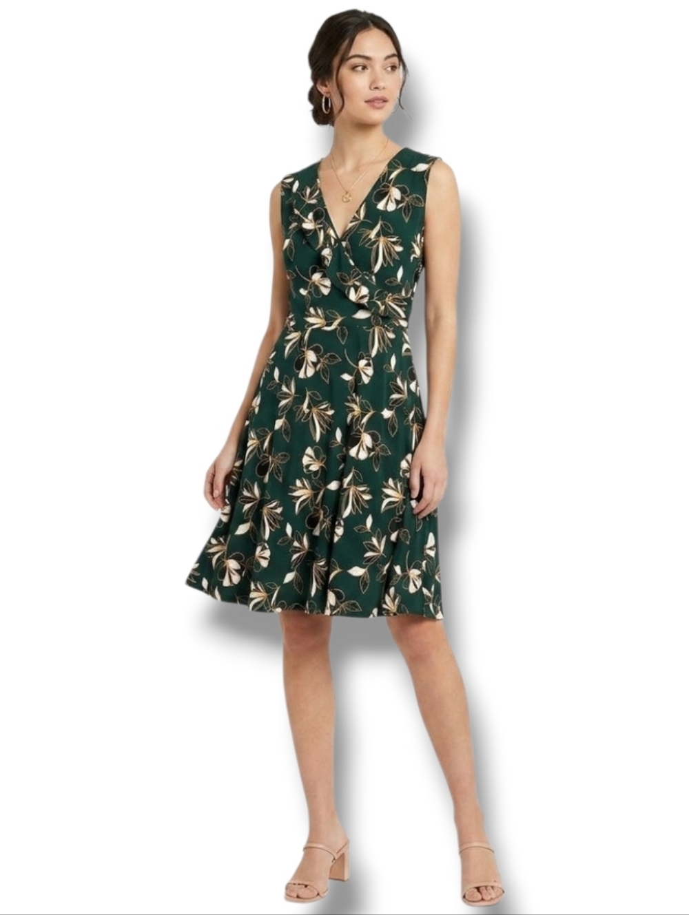 Leota Women’s Green Floral Sleeveless Faux Wrap Dress – Petite Medium - Picture 7 of 8